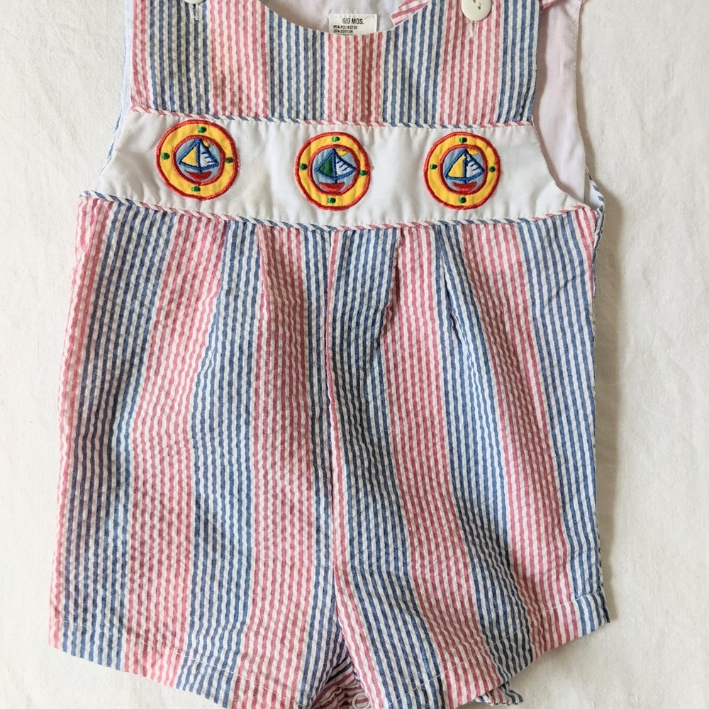 Nautical Seersucker Bubble Romper 6-9 months GUC